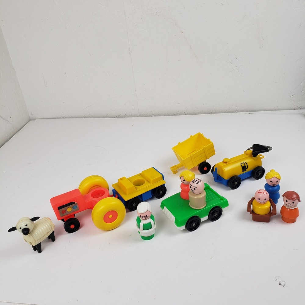 Vintage Fisher Price Little People Farm Tractor Truck Fuel Tanker Figures Lot